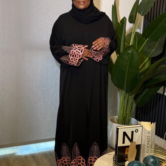 Black abaya with peach embroidery-luxury modest fashion for muslim women