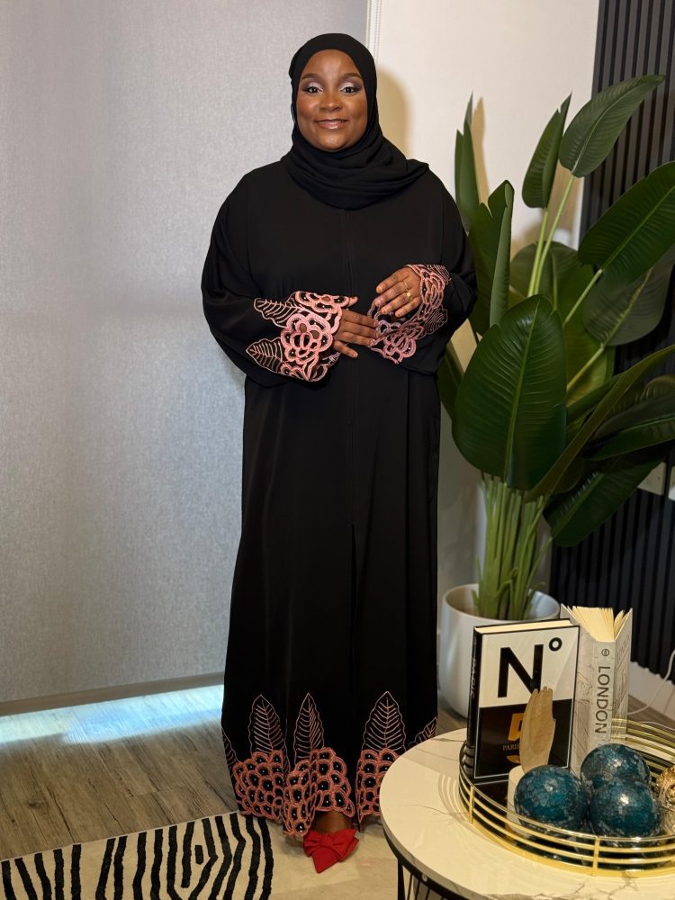 Black abaya with peach embroidery-luxury modest fashion for muslim women